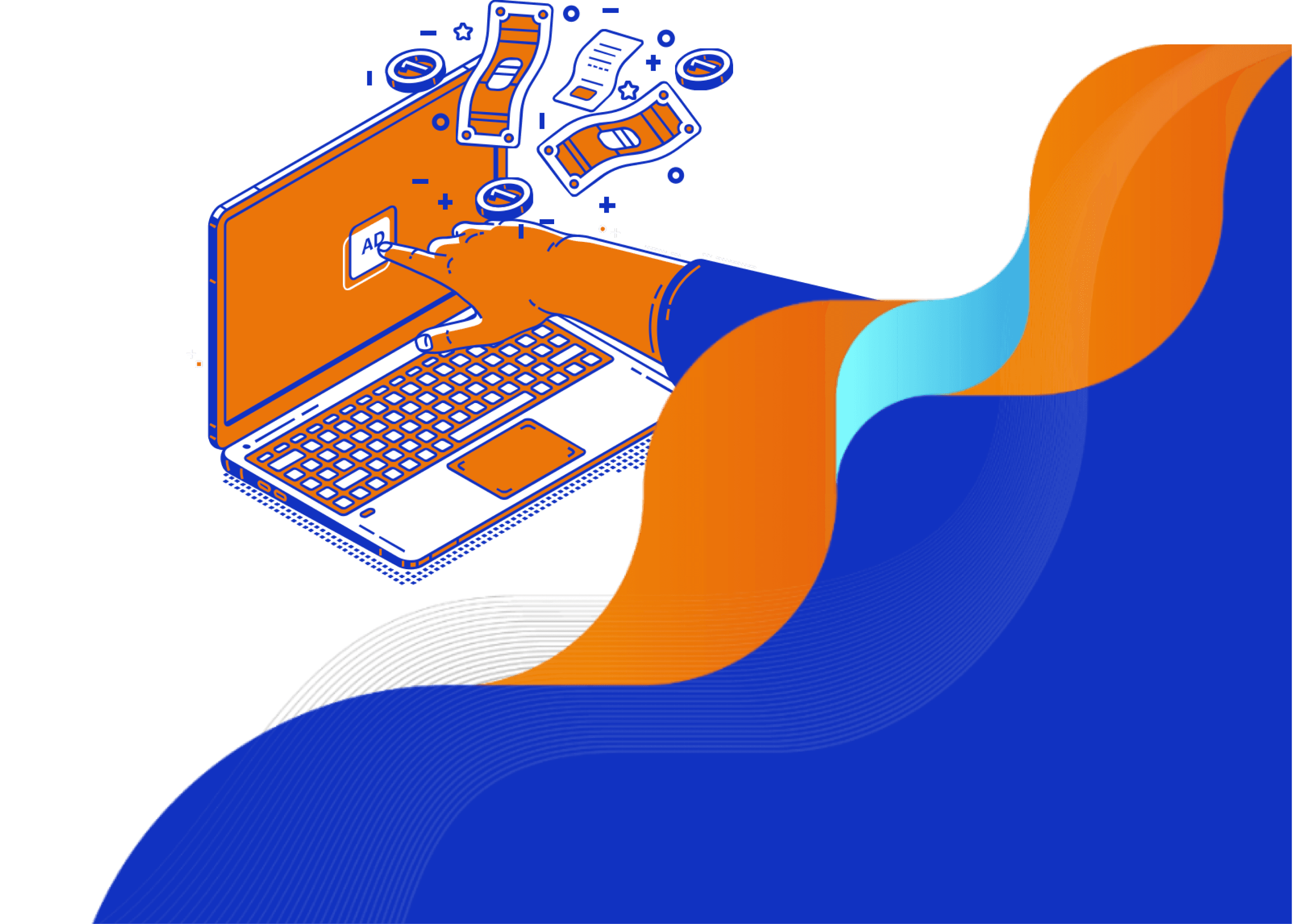 Ilustração de vetor de uma mão tocando a tela do notebook